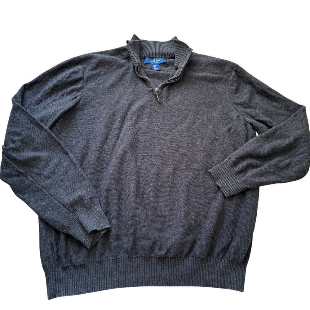 SAVILLE ROW Mens Black 1/4 zip sweater, size XL, w/ Leather pull; cotton blend